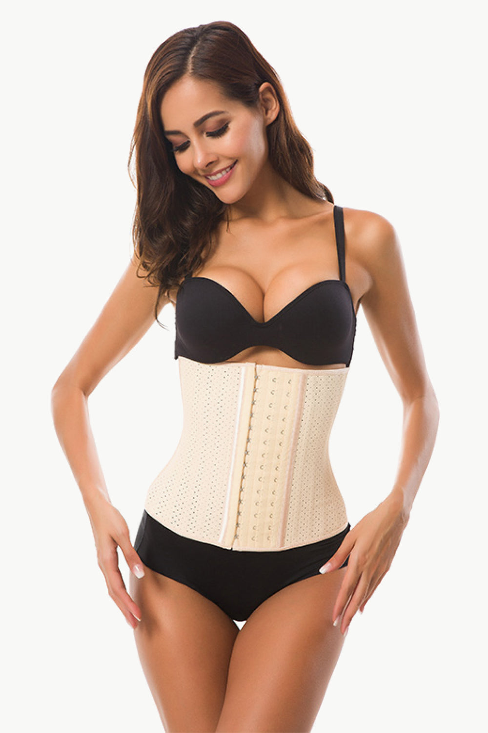 Adjustable Breathable Waist-Training Corset in solid color with hook-and-eye closure, showcasing its minimalist design and stretchy material.