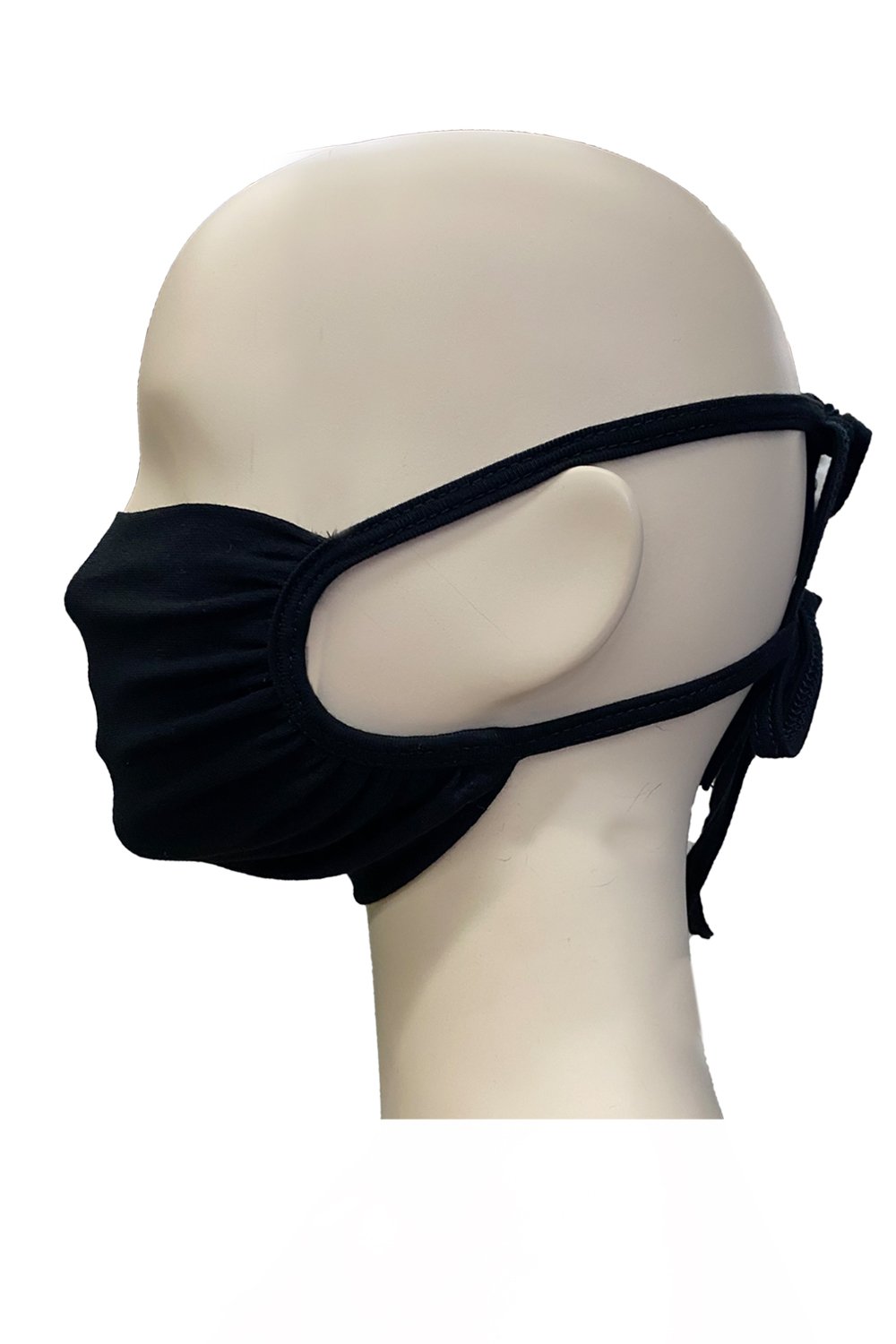 Black adjustable rayon spandex face mask with tie straps, fully covering mouth and nose, featuring an inner pocket for filters.