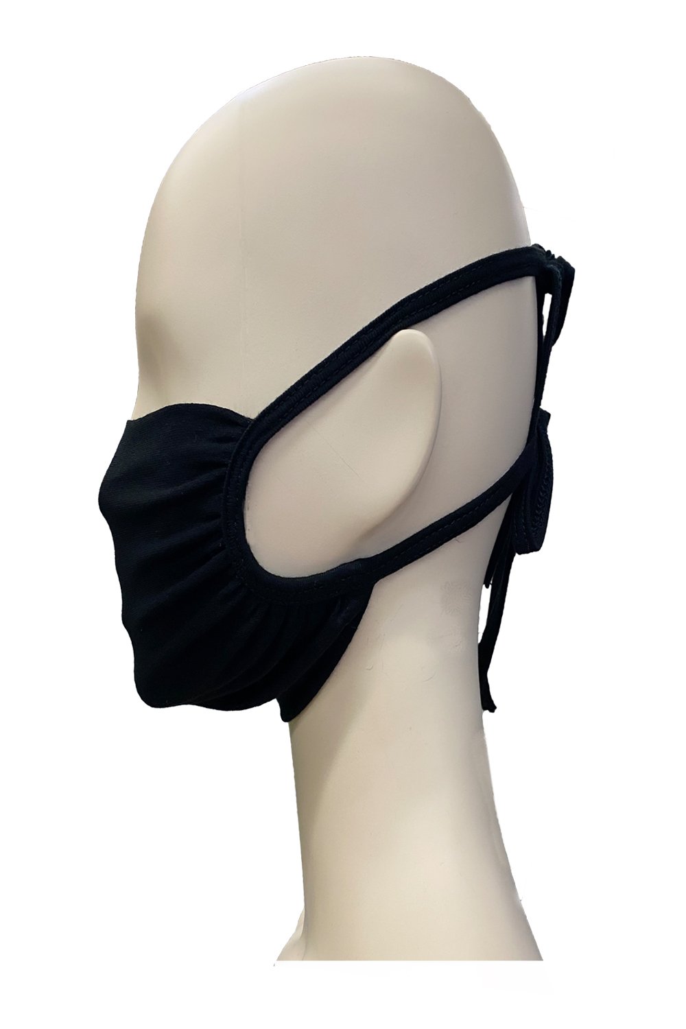 Black adjustable rayon spandex face mask with tie straps, fully covering mouth and nose, featuring an inner pocket for filters.
