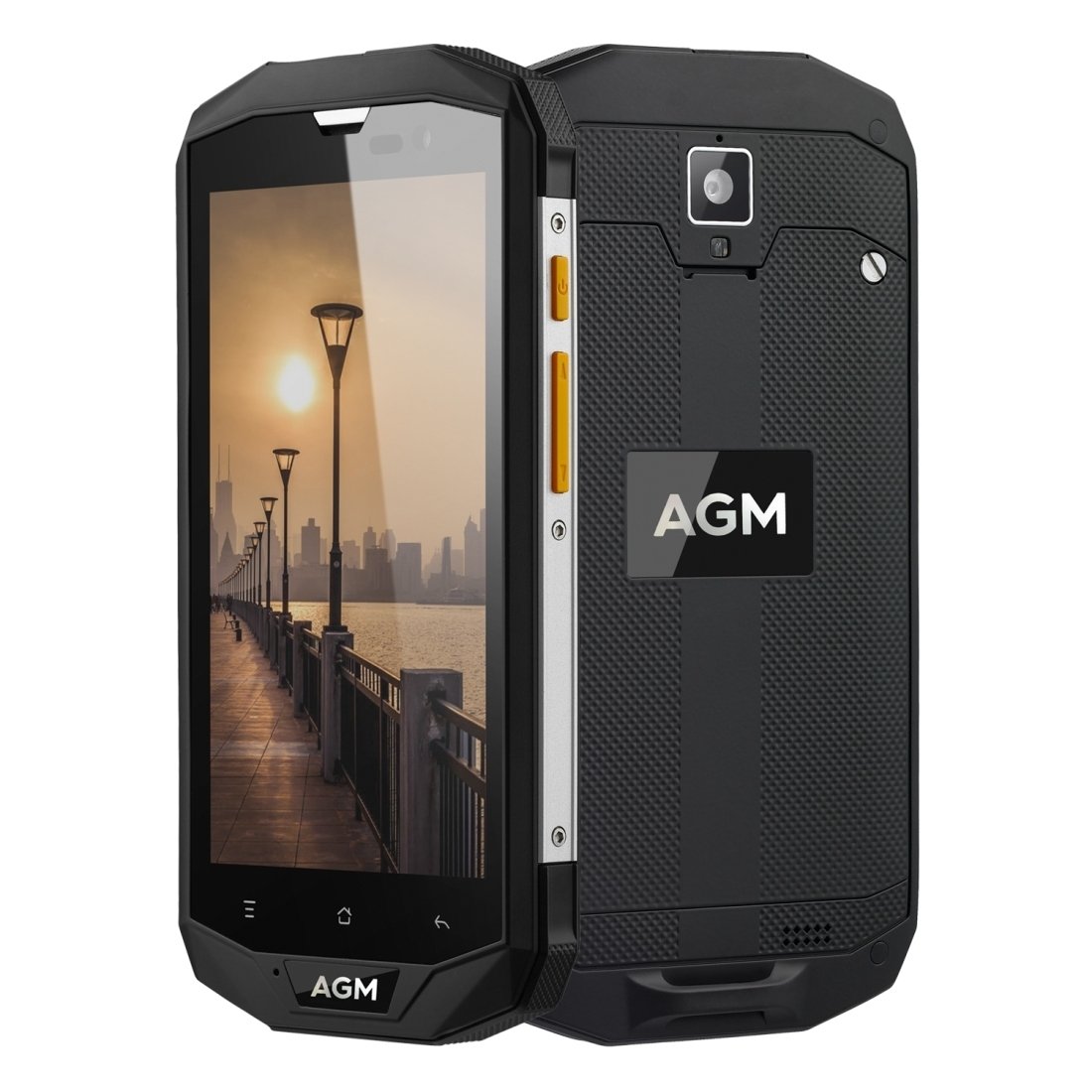 AGM A8 Triple Proofing Phone showcasing its rugged design, Gorilla Glass 3 display, and dual SIM slots.