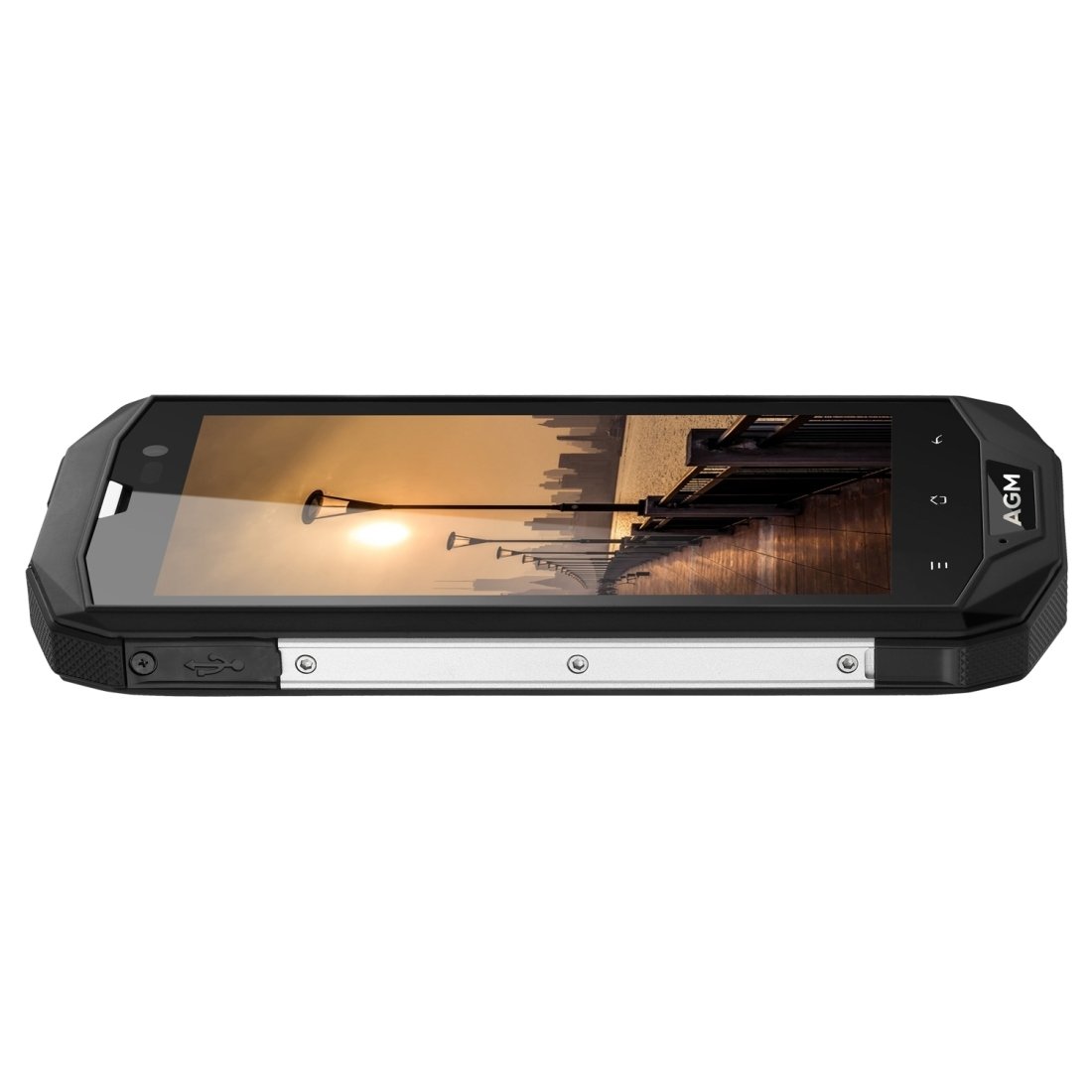 AGM A8 Triple Proofing Phone showcasing its rugged design, Gorilla Glass 3 display, and dual SIM slots.