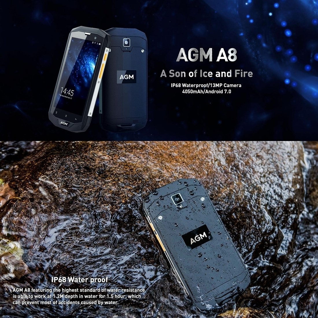 AGM A8 Triple Proofing Phone showcasing its rugged design, Gorilla Glass 3 display, and dual SIM slots.