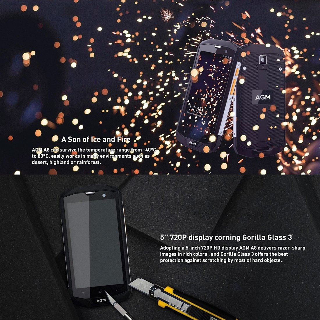 AGM A8 Triple Proofing Phone showcasing its rugged design, Gorilla Glass 3 display, and dual SIM slots.