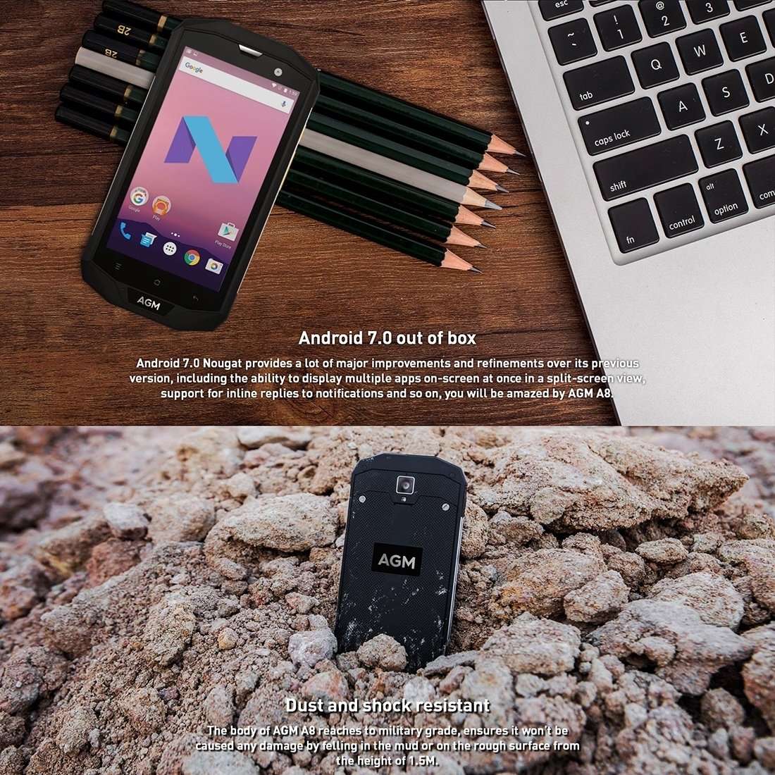 AGM A8 Triple Proofing Phone showcasing its rugged design, Gorilla Glass 3 display, and dual SIM slots.