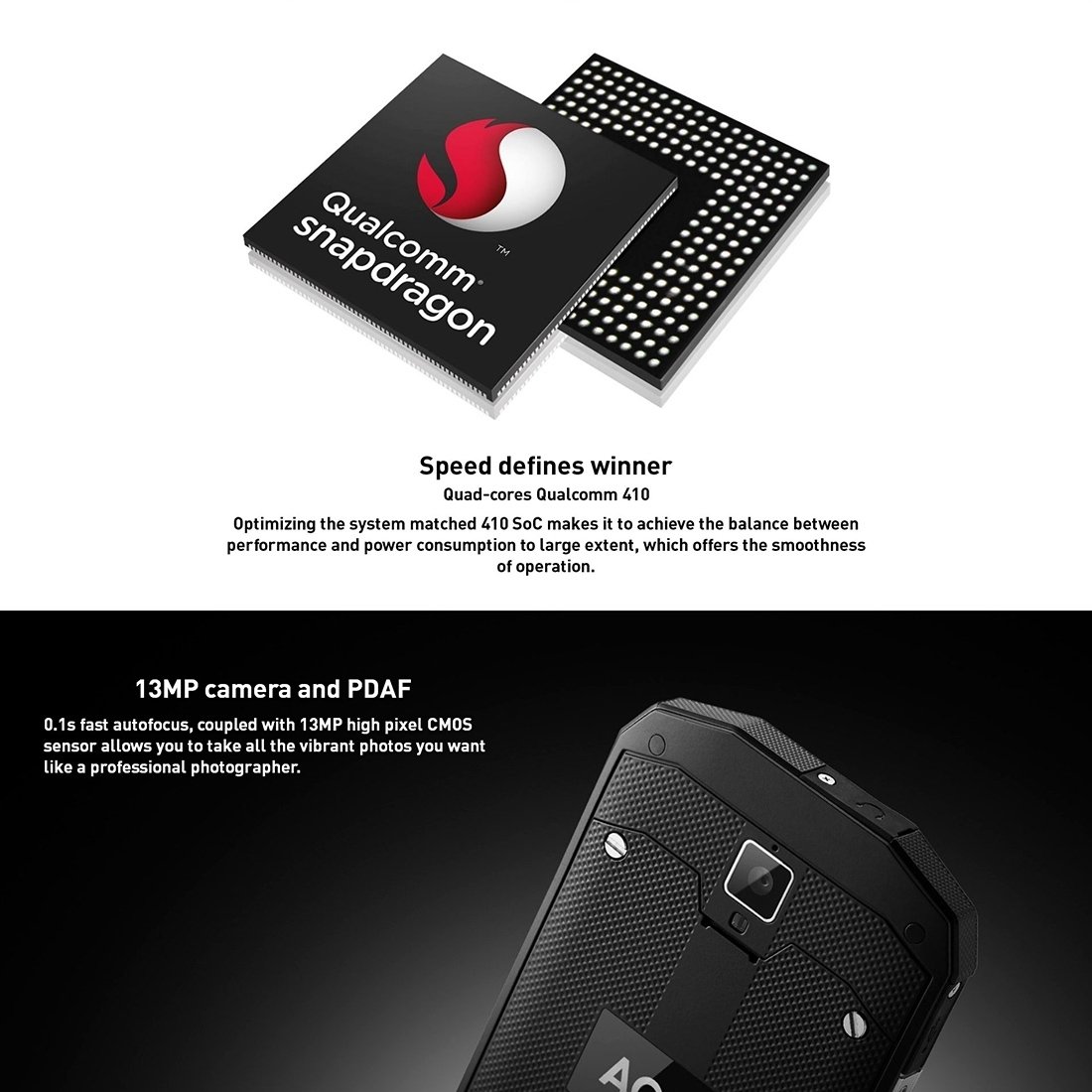 AGM A8 Triple Proofing Phone showcasing its rugged design, Gorilla Glass 3 display, and dual SIM slots.