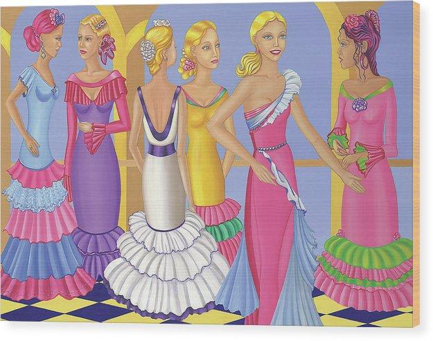 All About The Dress wood print by Sharon Tatem, showcasing vibrant colors and natural wood grain texture, perfect for wall decor.