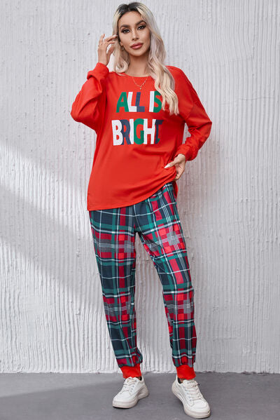 ALL IS BRIGHT Round Neck Top and Plaid Pants Lounge Set featuring a stylish round neck top and plaid pants, perfect for lounging.