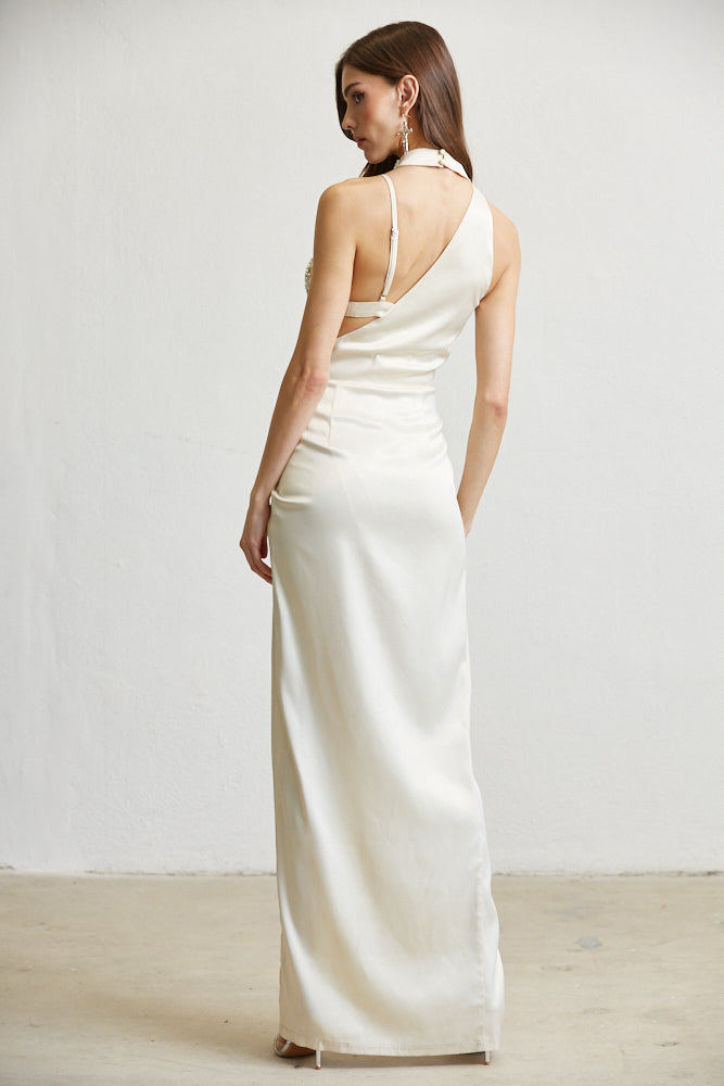 The Alina dress featuring luxe satin fabric, mockneck with beaded detailing, and a plunging bustline, elegantly ruched throughout.