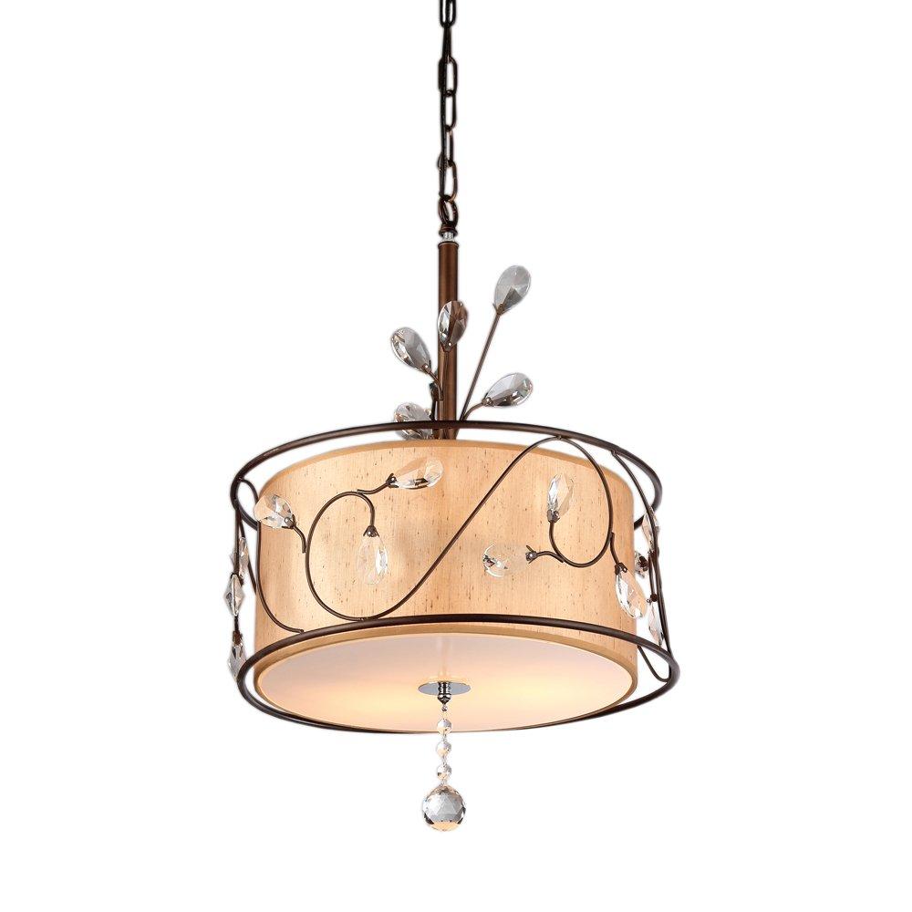 Amelia bronzetone chandelier with round fabric shade, elegantly illuminating a dining room.