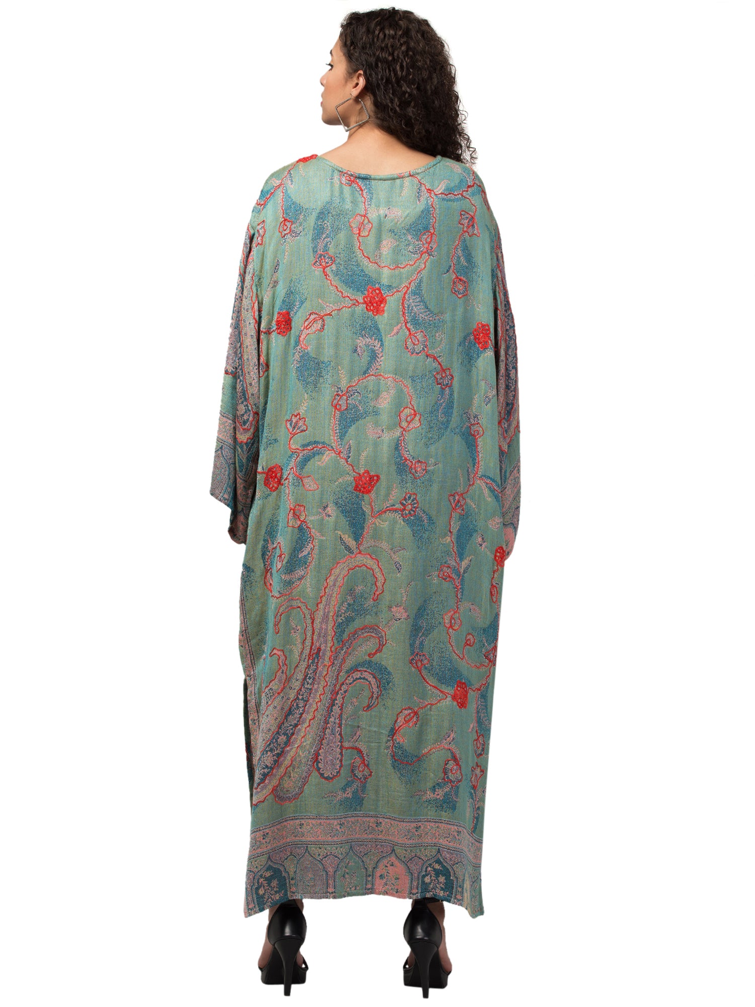 Amira Amore Kimono Jacket featuring intricate hand embroidery and vibrant boho patterns, draping elegantly.