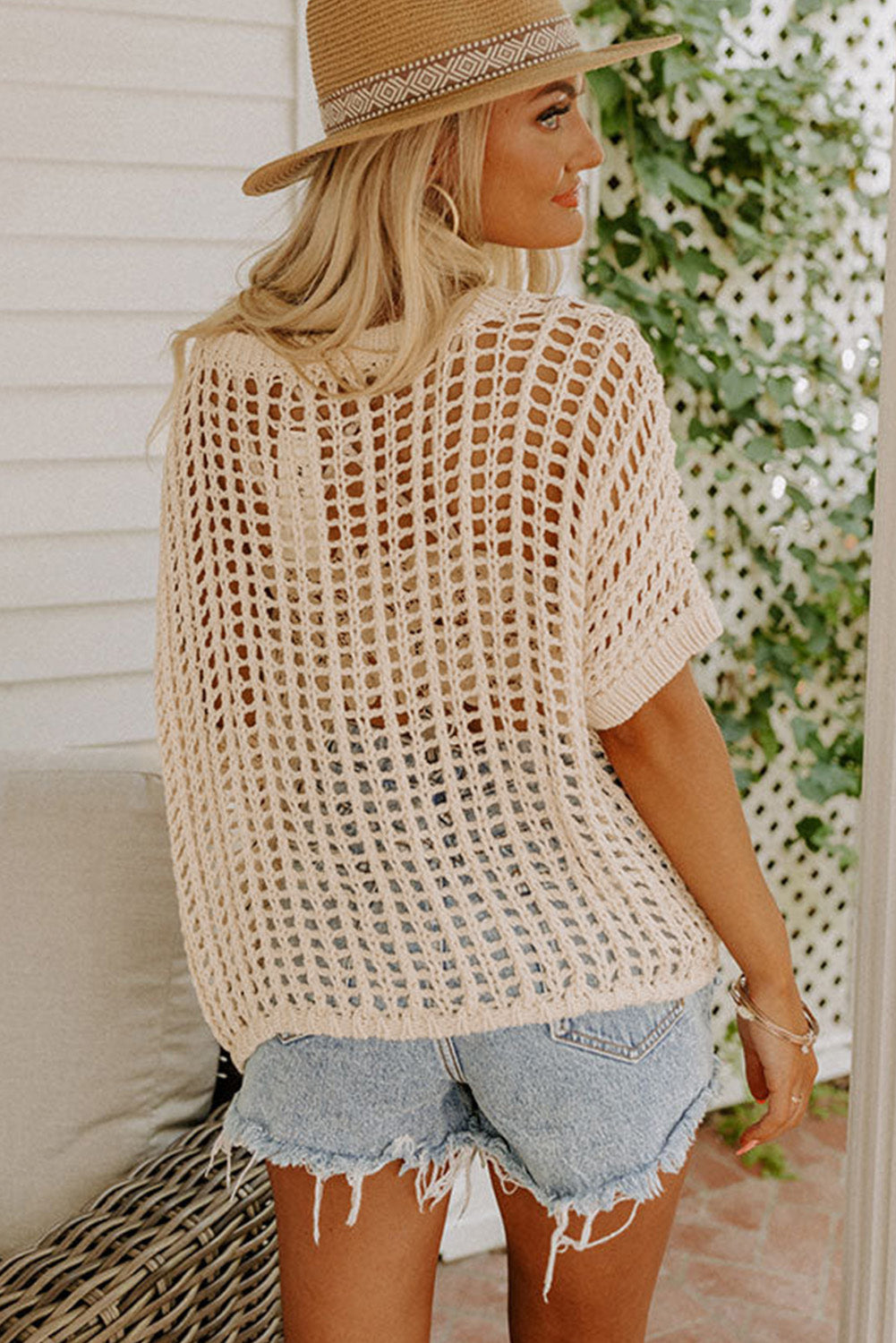Apricot Fishnet Knit Top featuring trendy fishnet detailing and a loose fit design, perfect for casual wear.