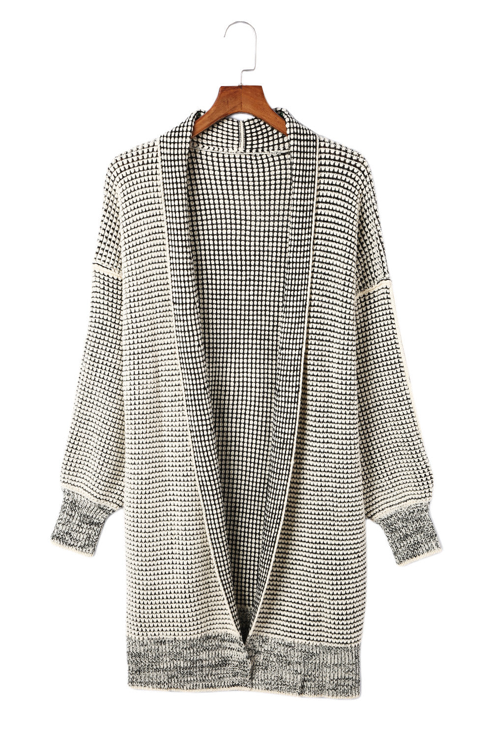Apricot plaid knitted long open front cardigan displayed on a mannequin, showcasing its stylish design and comfortable fit.