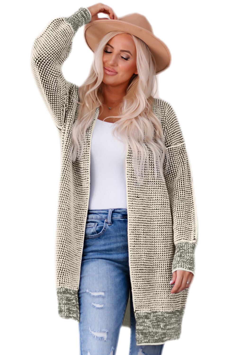 Apricot plaid knitted long open front cardigan displayed on a mannequin, showcasing its stylish design and comfortable fit.