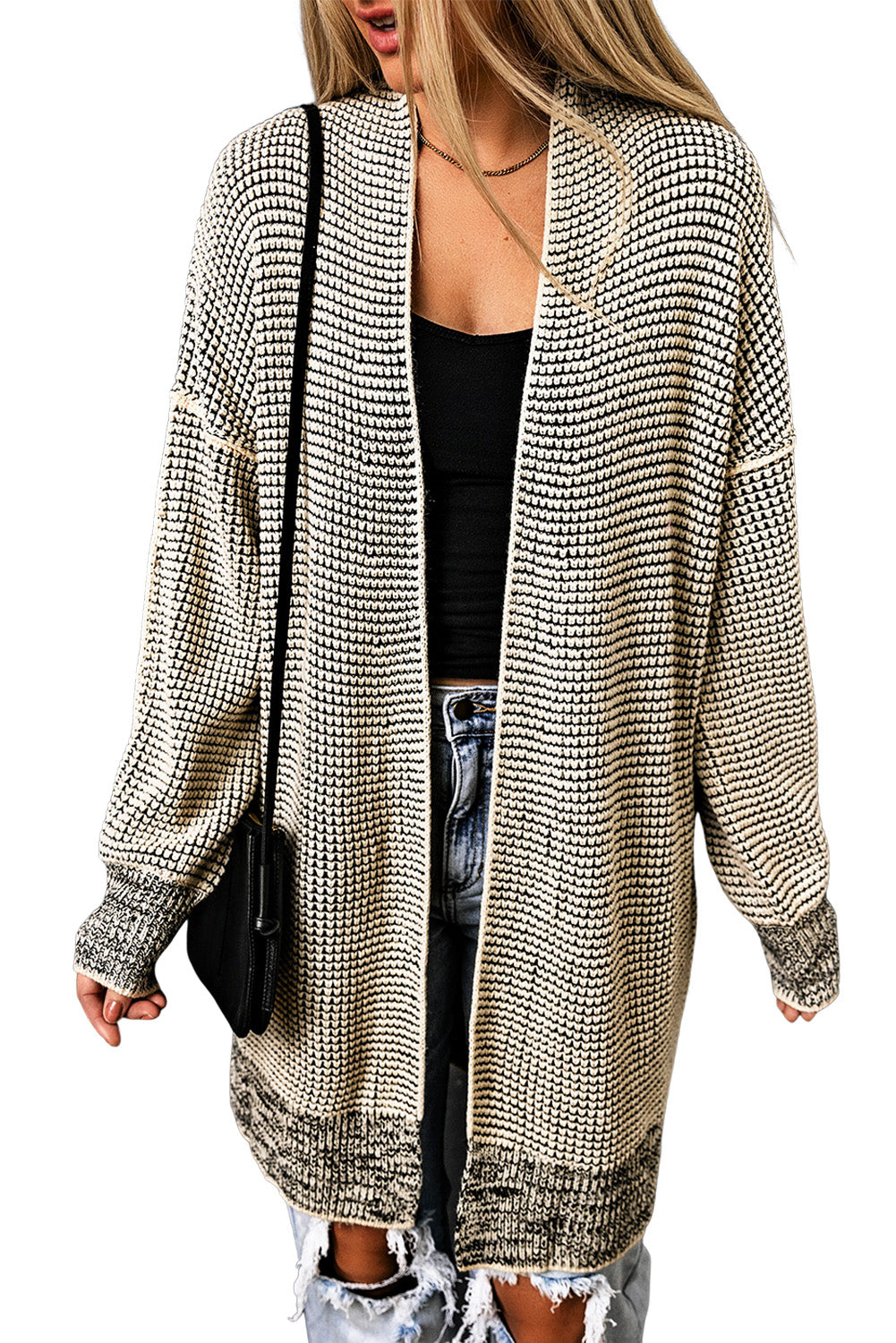 Apricot plaid knitted long open front cardigan displayed on a mannequin, showcasing its stylish design and comfortable fit.