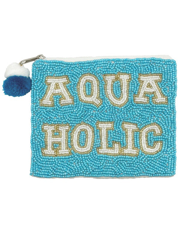 AQUAHOLIC Beaded Coin Purse featuring intricate beadwork, handmade design, and compact size, perfect for coins and small items.