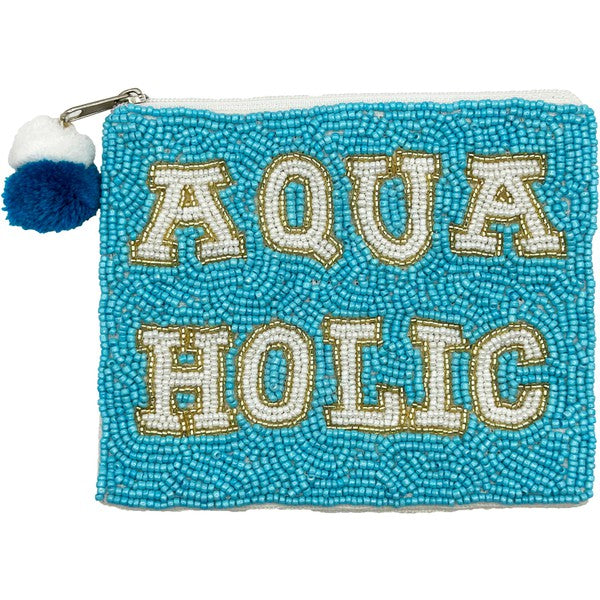 AQUAHOLIC Beaded Coin Purse featuring intricate beadwork, handmade design, and compact size, perfect for coins and small items.