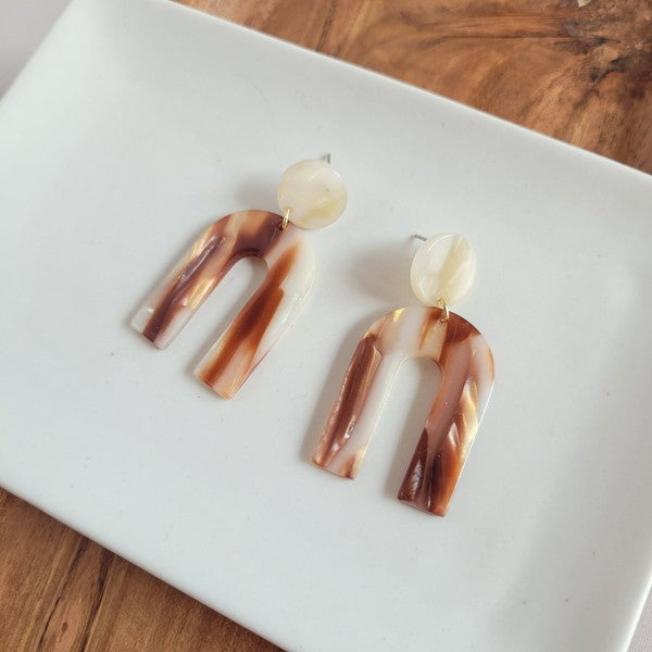 Archie Mocha Shimmer Earrings featuring a bold design with a subtle shimmer, made from plant-based acetate acrylic and hypoallergenic stainless steel posts.