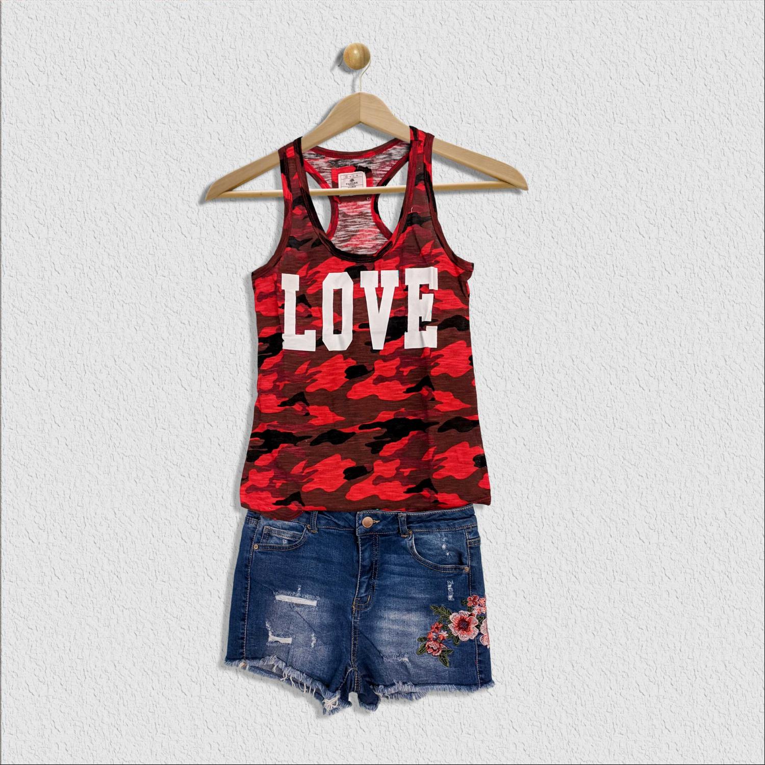 Army Camouflage Slub Tank Top displayed on a mannequin, showcasing its trendy design and soft fabric.