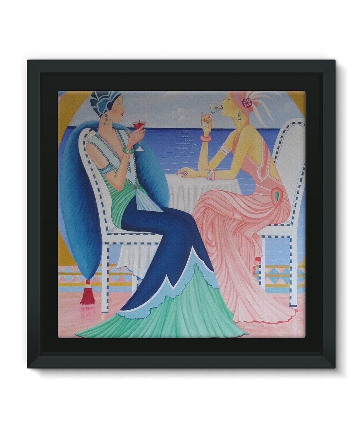 Art Deco Cruising Prints Framed Canvas featuring vibrant colors and sharp details in a matte black floater frame.