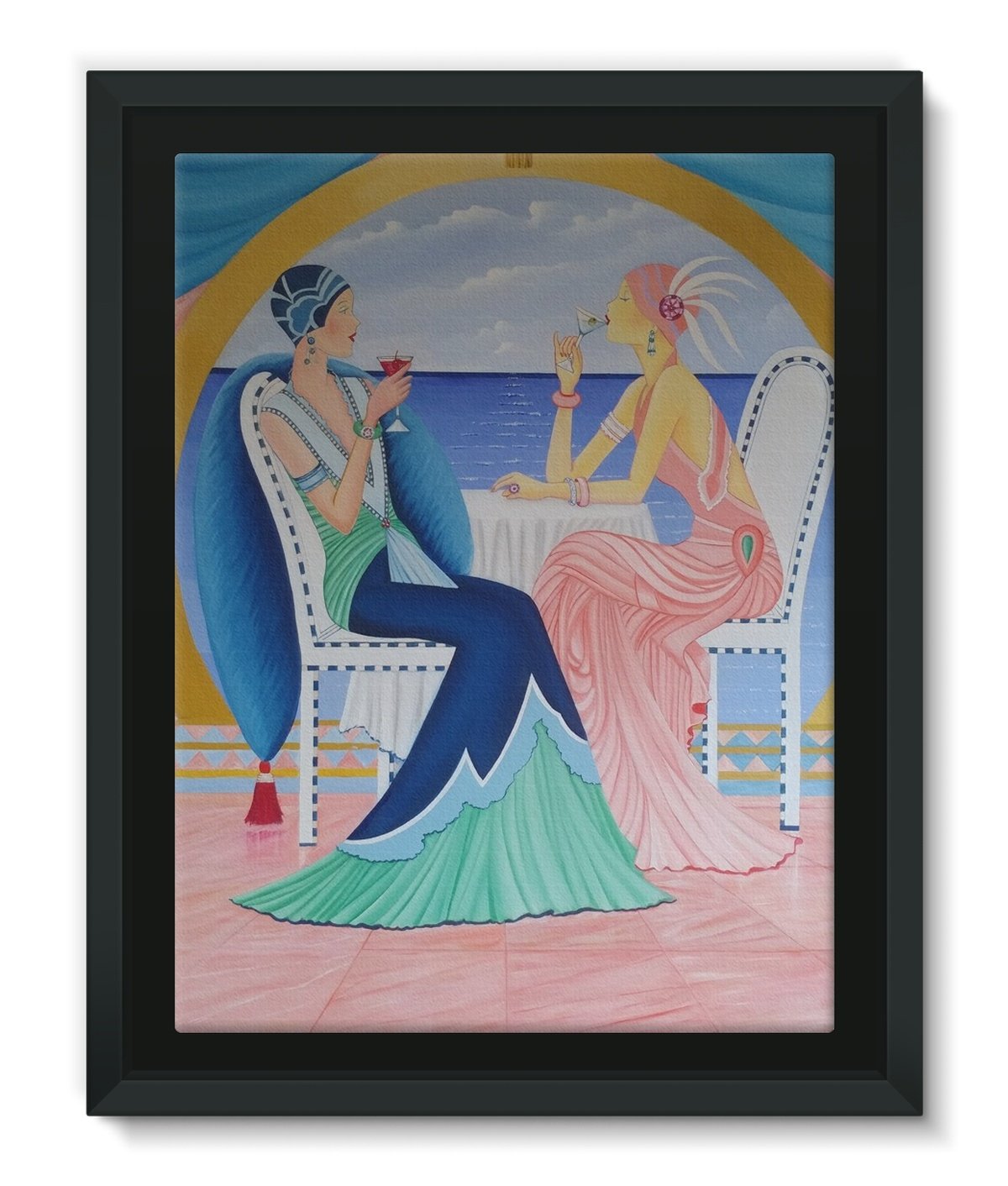 Art Deco Cruising Prints Framed Canvas featuring vibrant colors and sharp details in a matte black floater frame.