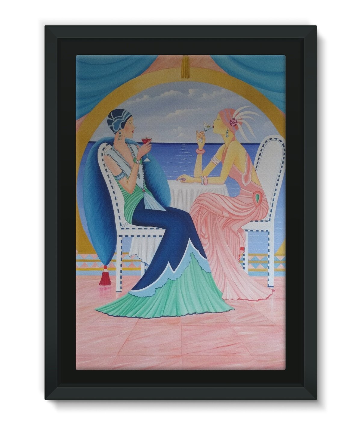 Art Deco Cruising Prints Framed Canvas featuring vibrant colors and sharp details in a matte black floater frame.