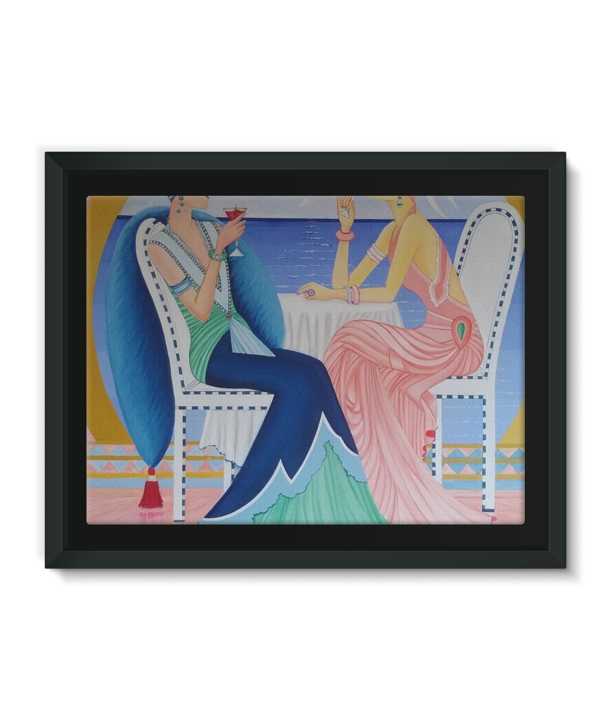 Art Deco Cruising Prints Framed Canvas featuring vibrant colors and sharp details in a matte black floater frame.