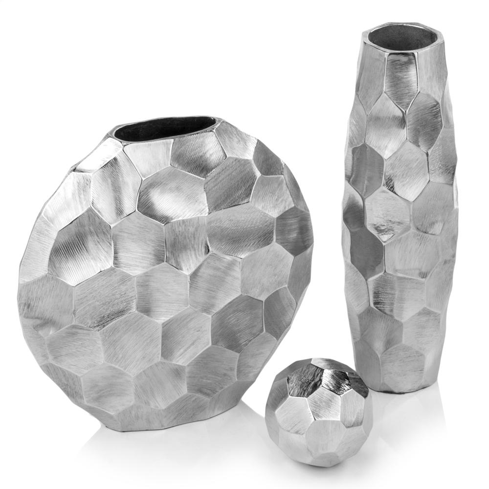 Artistic rough silver round vase made of aluminum, featuring a unique textured surface and contemporary design, perfect for home decor.