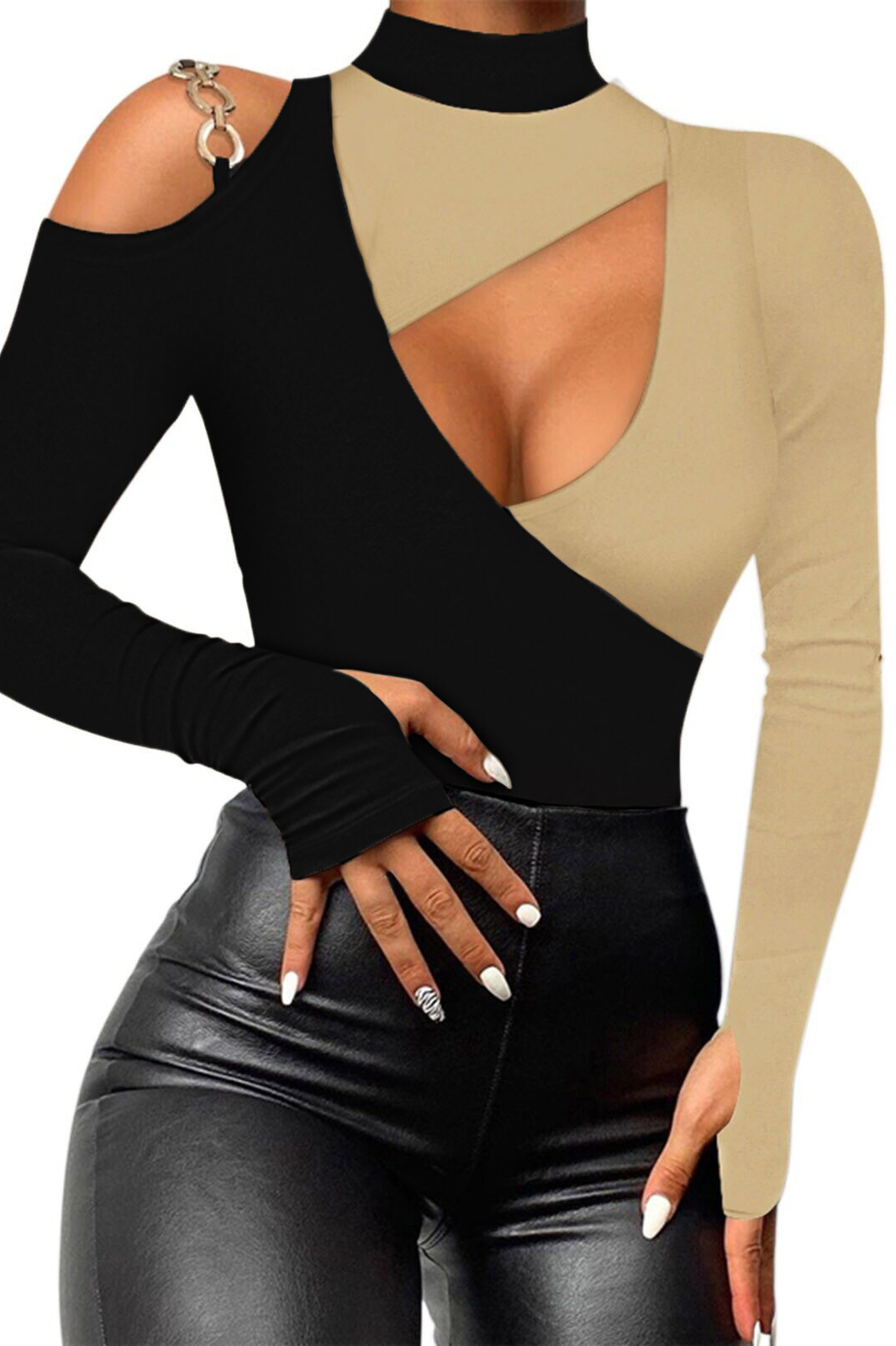 Elegant black and beige asymmetric neckline top with long sleeves and thumbholes, showcasing decorative shoulder detail.