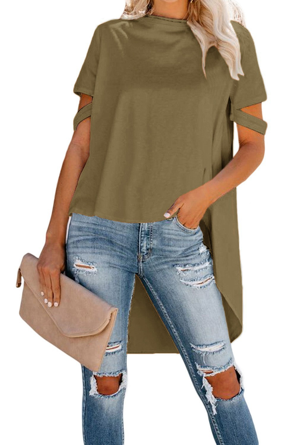 Asymmetric short t-shirt Vebtura in brown with round neckline and short sleeves, showcasing a longer back design.