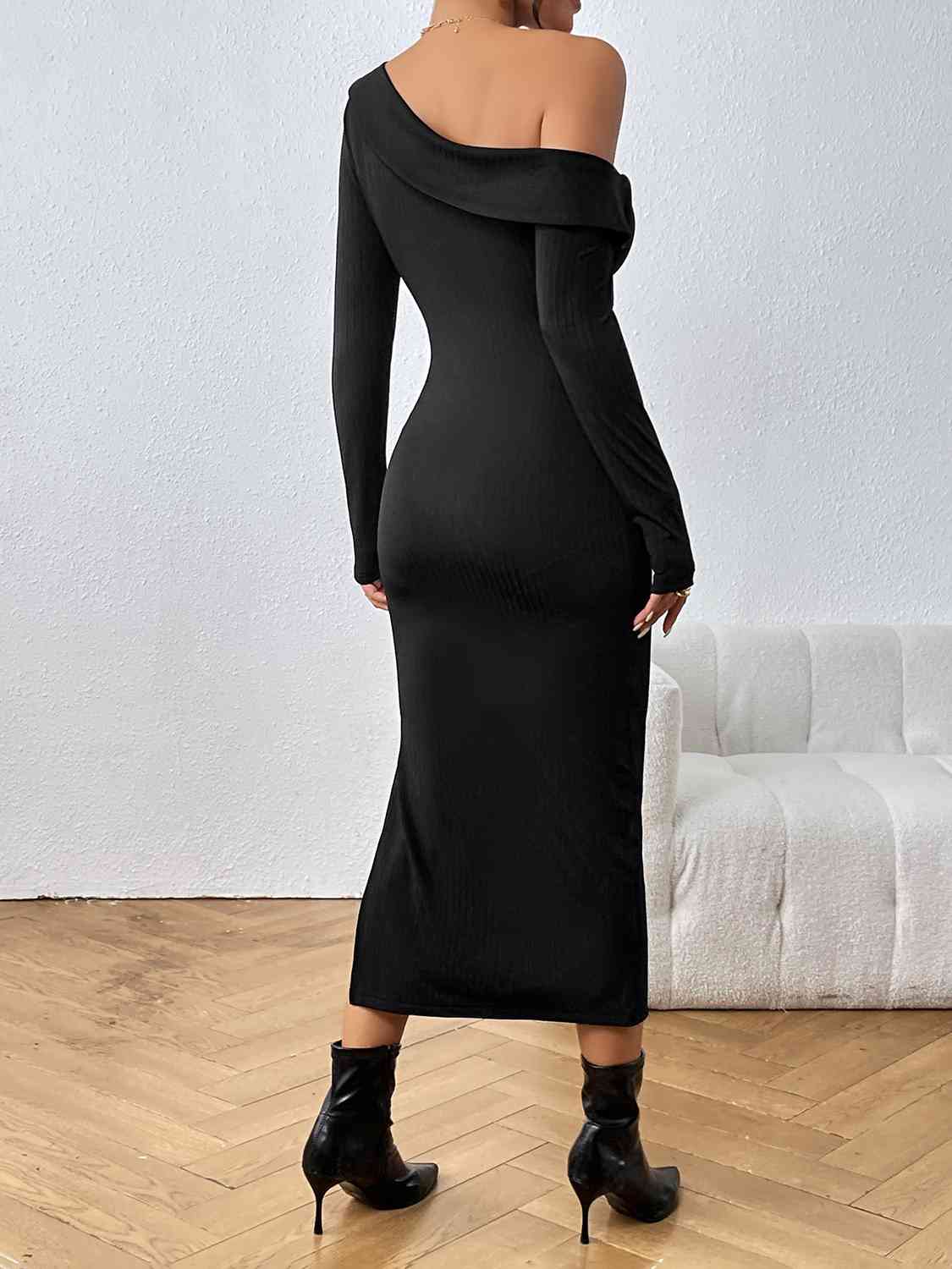Asymmetrical Neck Long Sleeve Slit Dress showcasing its elegant design, featuring a side slit and buttoned detail.