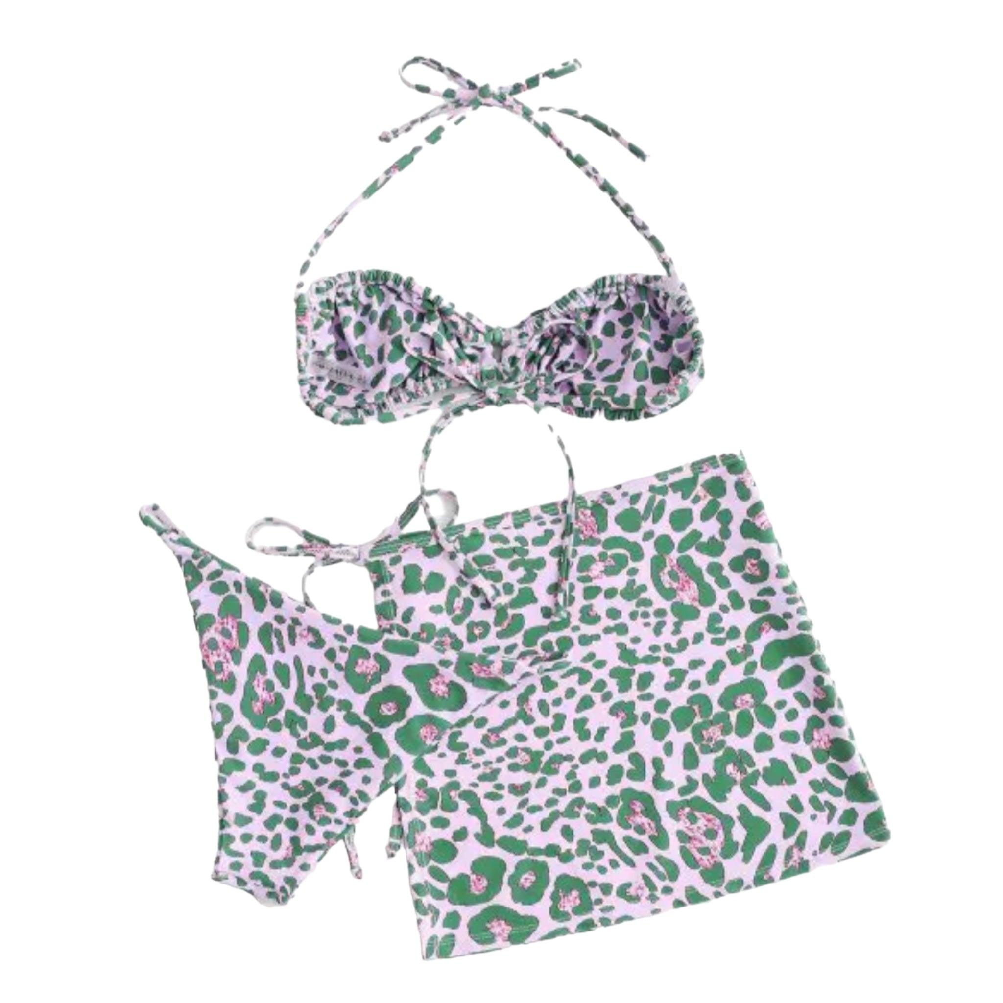 Aurora Three Piece Stylish Swimsuit featuring a trendy leopard print design, low-waisted cut, and removable pads, perfect for beach or pool.