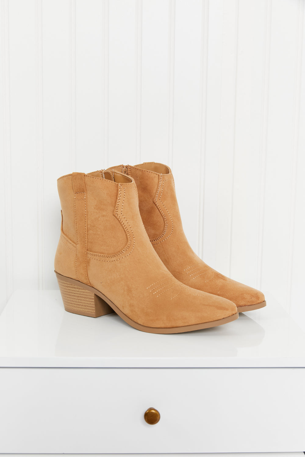 Austin Nights Embroidered Western Booties in Butterscotch featuring pointed toe and block heel design.