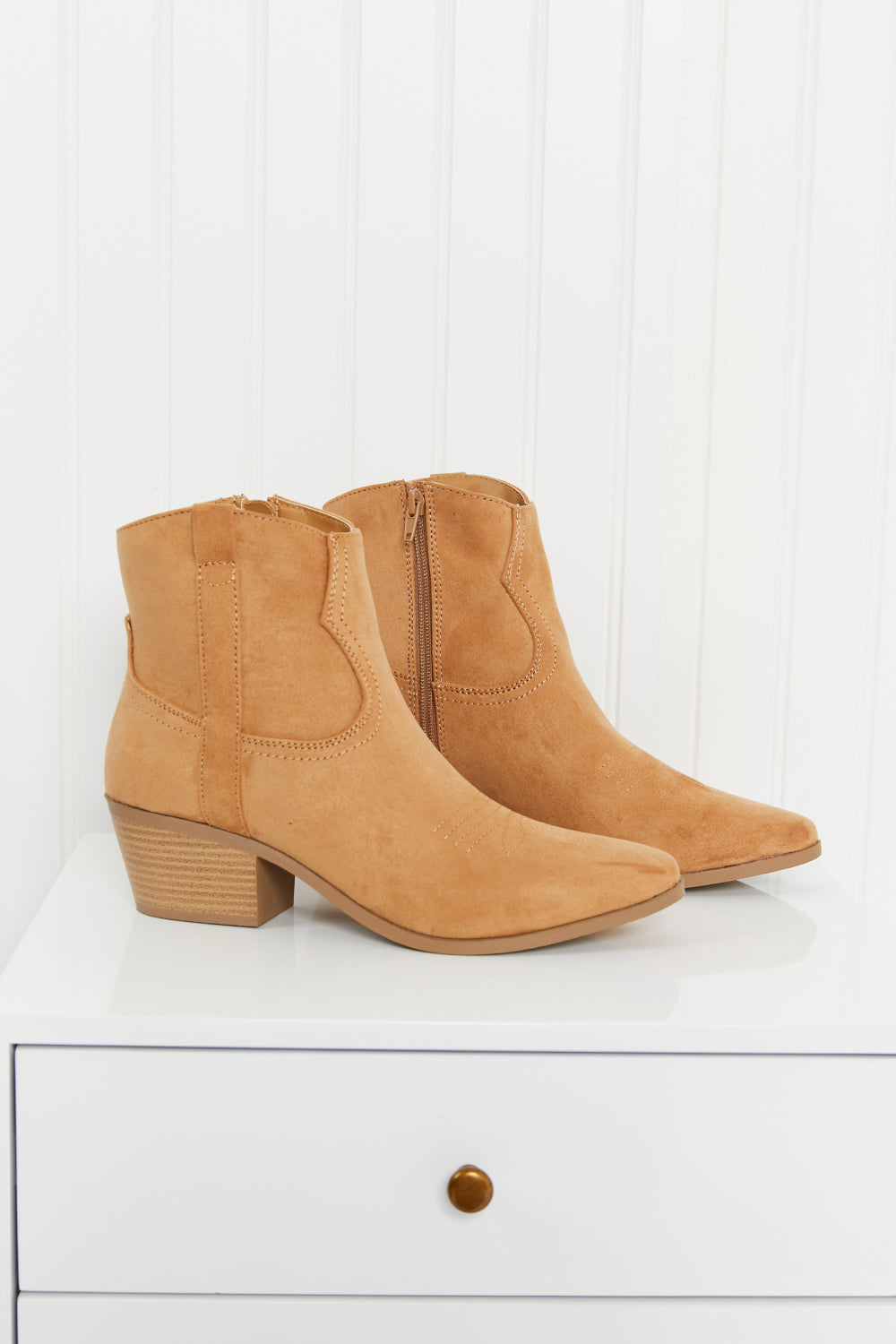 Austin Nights Embroidered Western Booties in Butterscotch featuring pointed toe and block heel design.