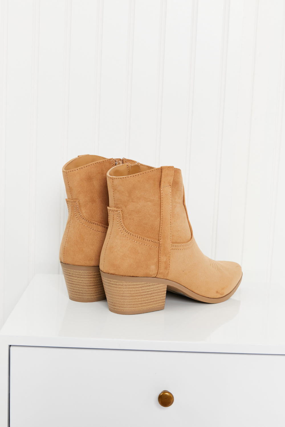 Austin Nights Embroidered Western Booties in Butterscotch featuring pointed toe and block heel design.
