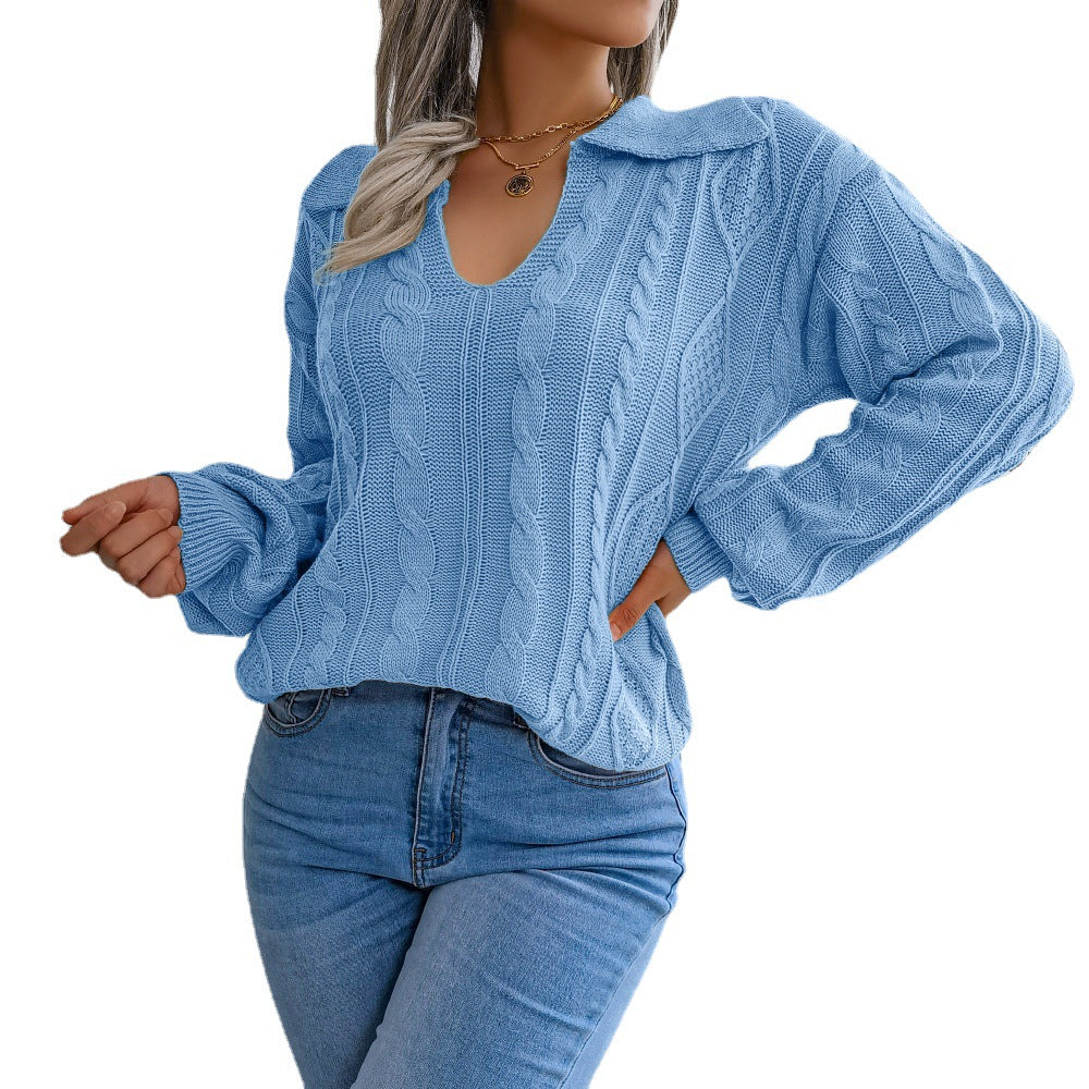 A stylish Autumn and Winter Casual Lapel Fried Dough Twist Lantern Sleeve Knitti made from high-quality artificial wool, showcasing its unique design and cozy fit.