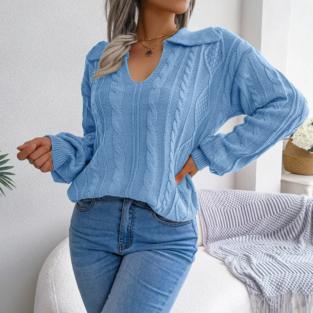 A stylish Autumn and Winter Casual Lapel Fried Dough Twist Lantern Sleeve Knitti made from high-quality artificial wool, showcasing its unique design and cozy fit.