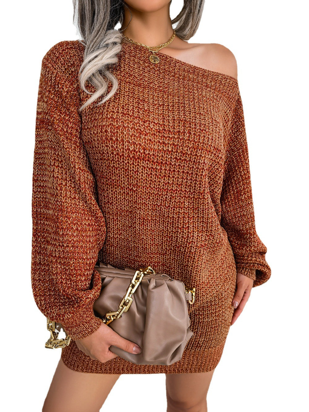A stylish off the shoulder knitted top with colorful lantern sleeves, perfect for autumn and winter wear.