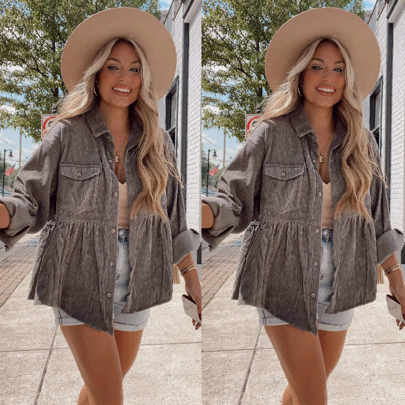 Autumn Winter Cardigan Lapel Corduroy Single Breasted Jacket Blouse displayed on a mannequin, showcasing its stylish design and fabric texture.