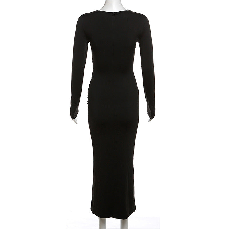 A stylish Autumn Winter women's dress featuring a round neck, long sleeves, and a slim fit design in solid color, perfect for daily wear.