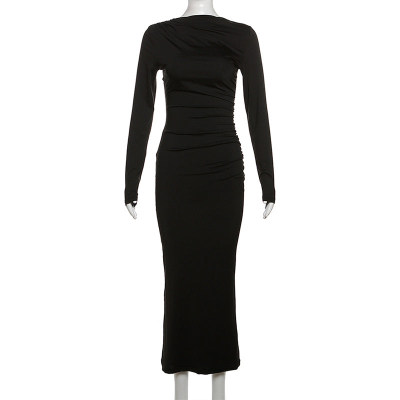 A stylish Autumn Winter women's dress featuring a round neck, long sleeves, and a slim fit design in solid color, perfect for daily wear.