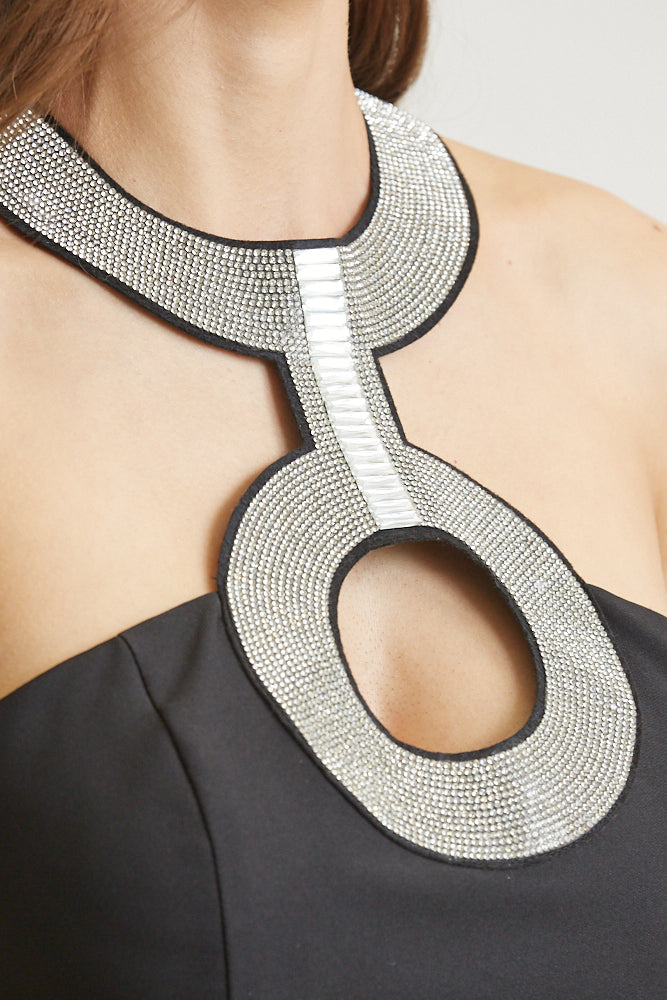 Averyr Modern Set featuring solid woven fabric, rhinestone felt trim, and modern cutouts, designed for a stylish and elegant look.