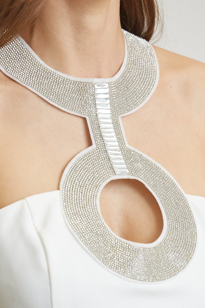 Averyr Modern Set featuring solid woven fabric, rhinestone felt trim, and modern cutouts, designed for a stylish and elegant look.