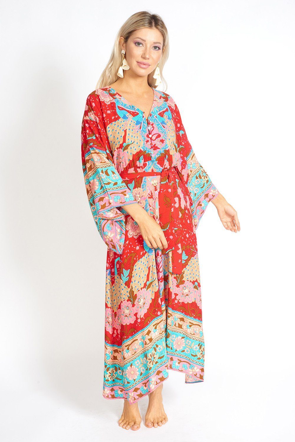 Ayaka Peacock Floral Maxi Kimono Style Dress featuring a floral pattern, large sleeves, and a V-neck design.