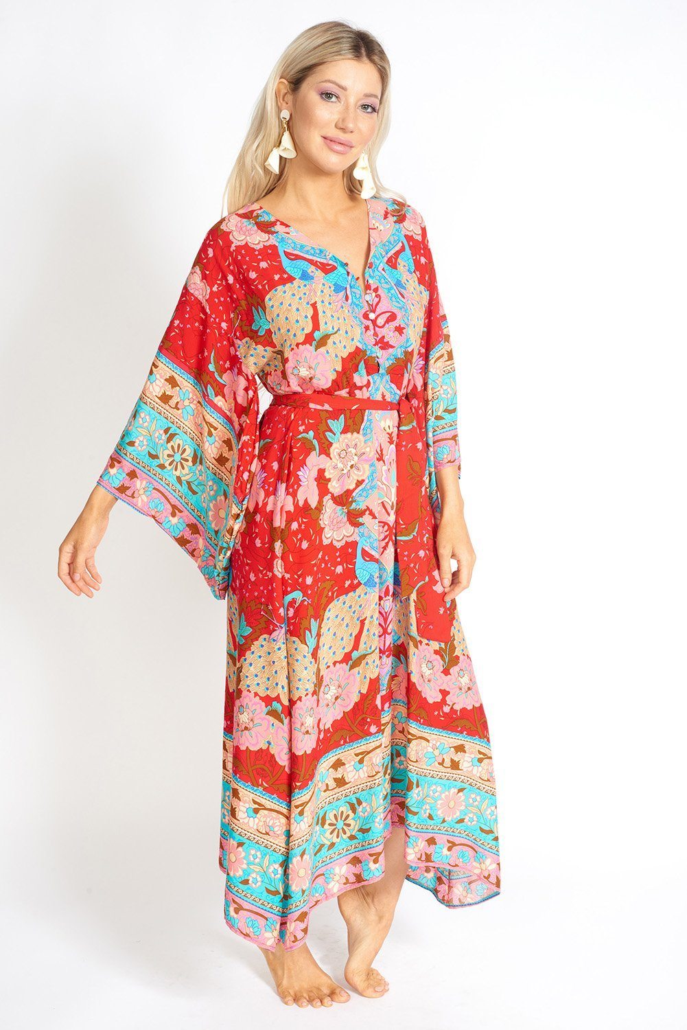 Ayaka Peacock Floral Maxi Kimono Style Dress featuring a floral pattern, large sleeves, and a V-neck design.