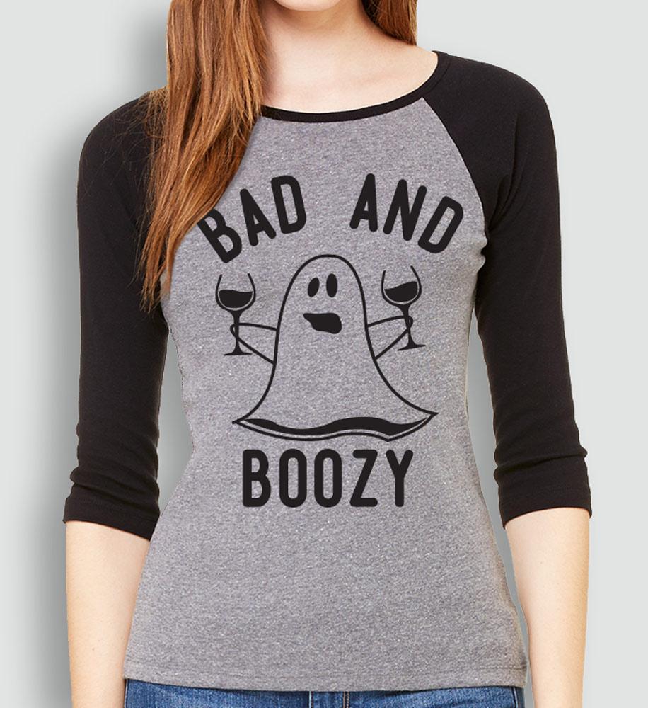 BAD & BOOZY Ghost Glasses Halloween Baseball Tee featuring a playful ghost design and black sleeves.