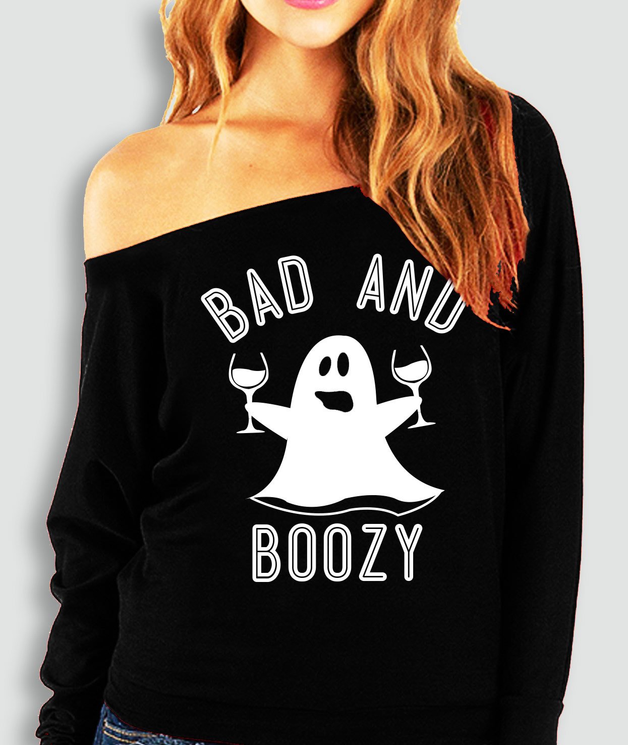BAD & BOOZY Halloween Ghost Black Off-Shoulder Sweatshirt featuring a playful ghost graphic and slouchy fit, perfect for Halloween celebrations.