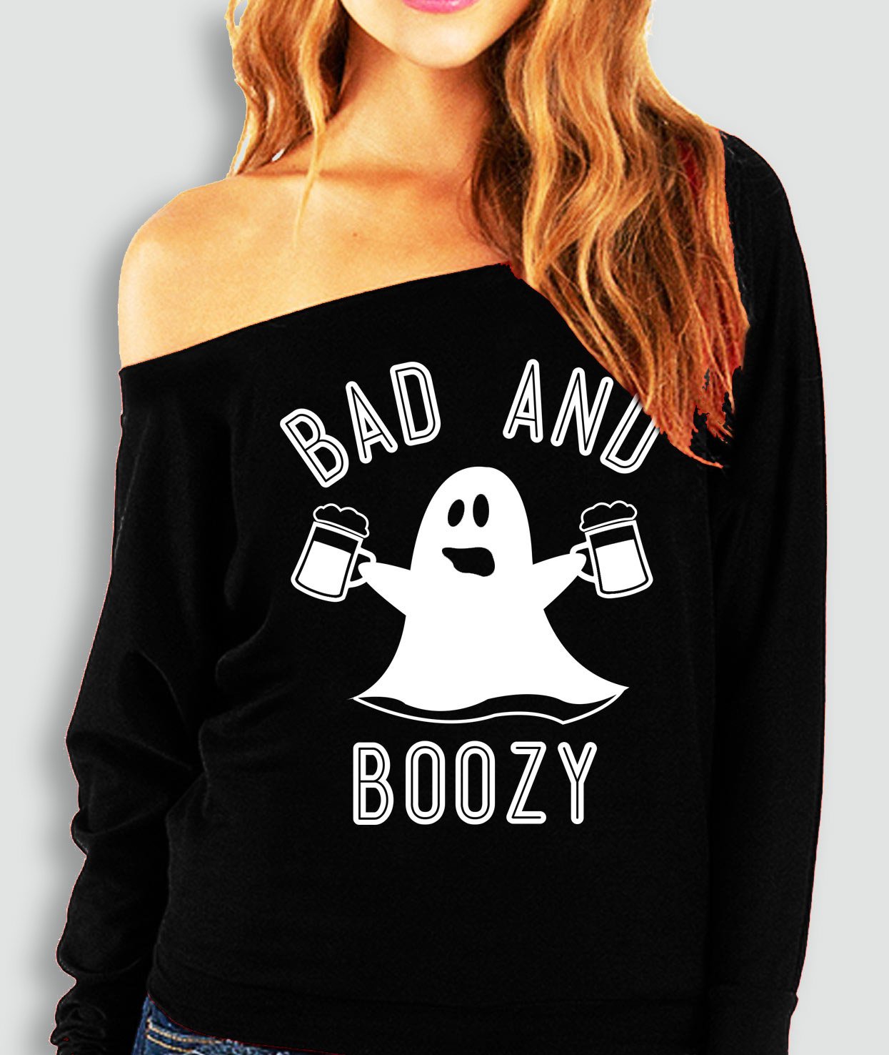 BAD & BOOZY Halloween Ghost Black Off-Shoulder Sweatshirt featuring a playful ghost graphic and slouchy fit, perfect for Halloween celebrations.