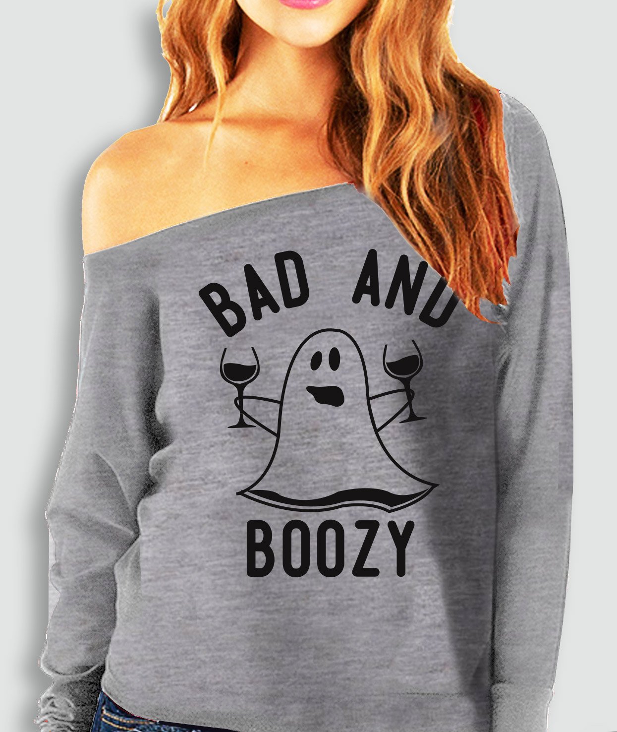 Heather gray off-shoulder sweatshirt featuring 'BAD & BOOZY' Halloween ghost design, available in wine and beer patterns.