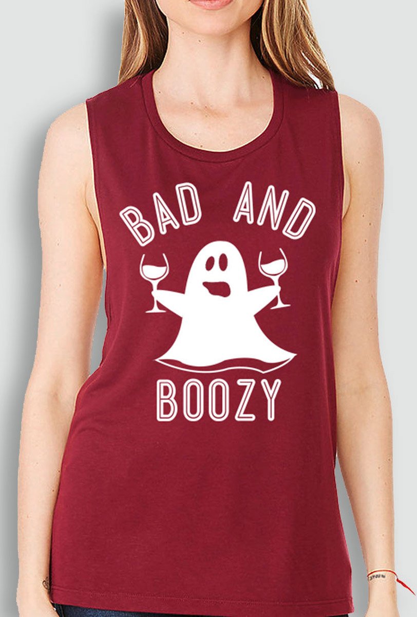 BAD & BOOZY Halloween Ghost Red Muscle Tank Top featuring a playful design and wine red color, perfect for Halloween celebrations.