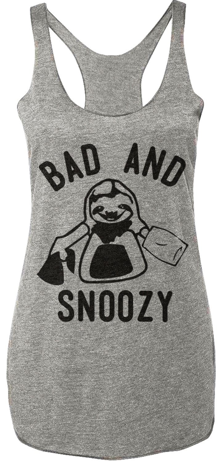 BAD & SNOOZY Sloth Gray Tank Top featuring a playful sloth design, made from soft cotton/poly blend fabric.